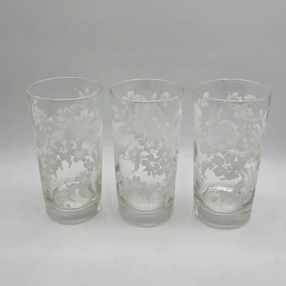 Lot‎ Of 3 Libby White Flower Design Drinking Glasses Tumbler Set